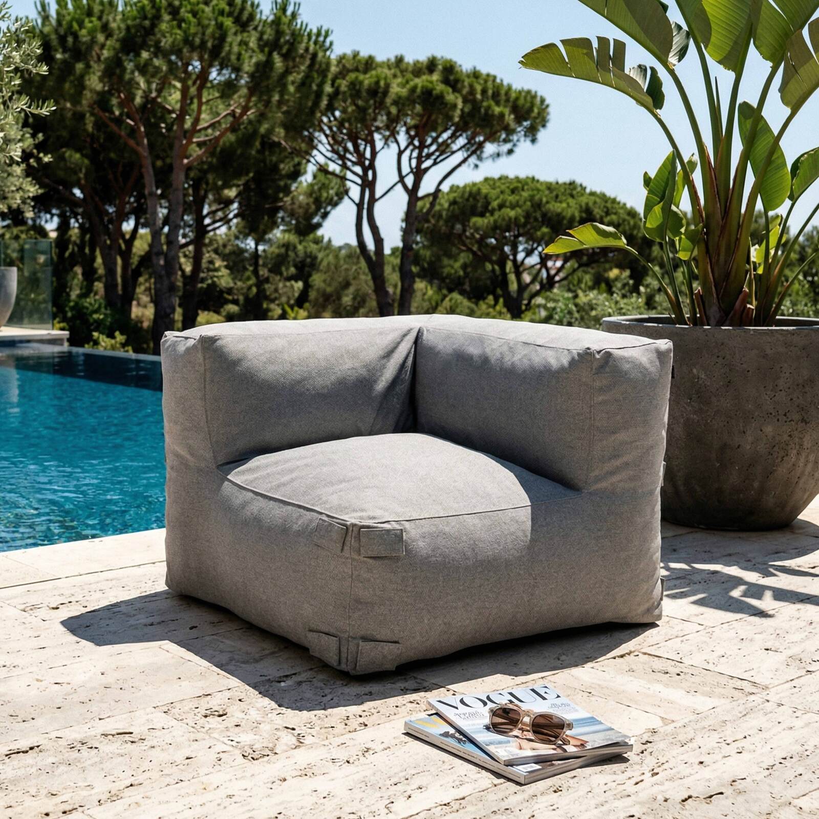 Sofá modular de exterior a rayas para 5 personas con 2 sillones bajo, 1 sillón esquinero, 1 tumbona y 1 puf