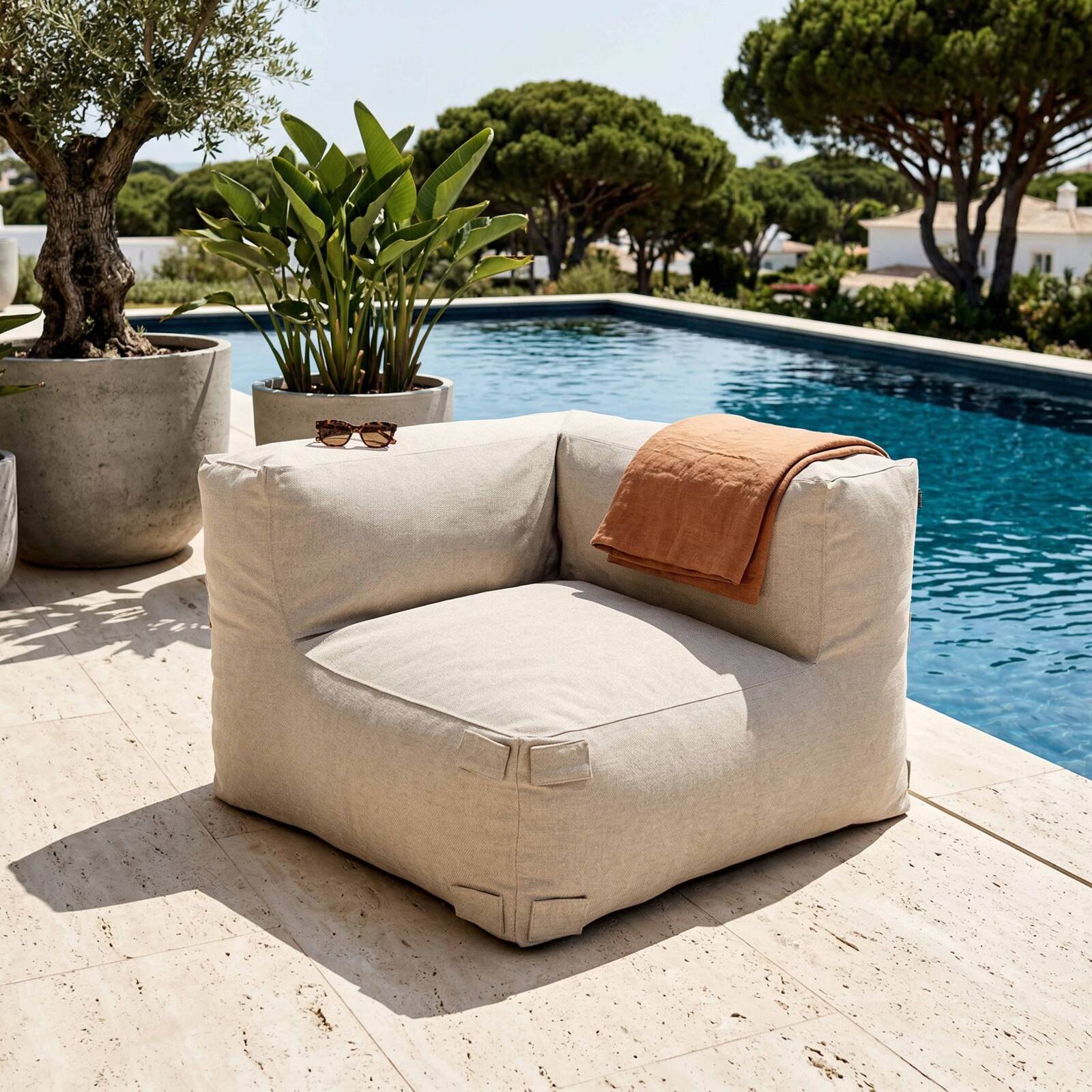 Sofá modular de exterior a rayas para 5 personas con 2 sillones bajo, 1 sillón esquinero, 1 tumbona y 1 puf