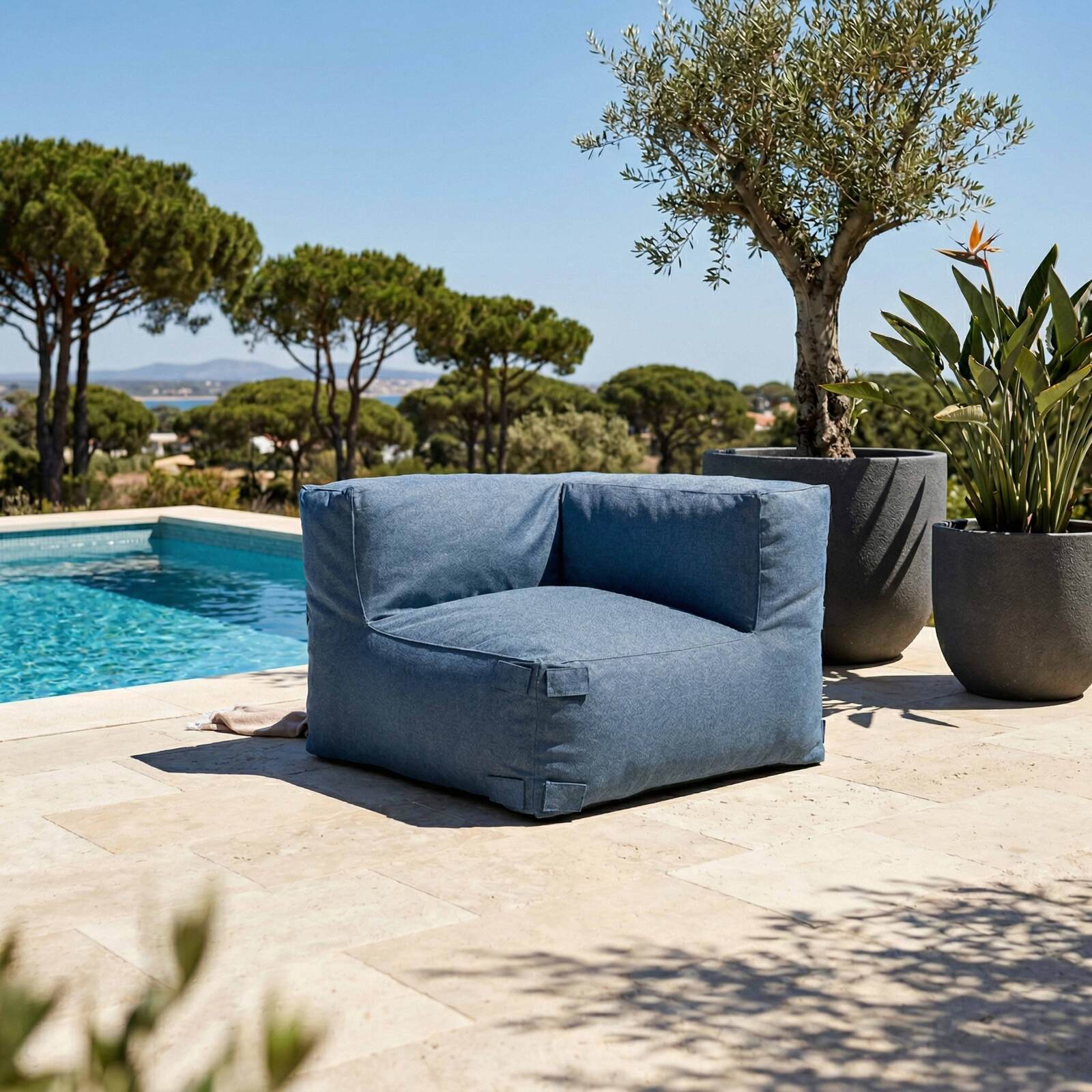 Sofá modular de exterior a rayas para 5 personas con 2 sillones bajo, 1 sillón esquinero, 1 tumbona y 1 puf