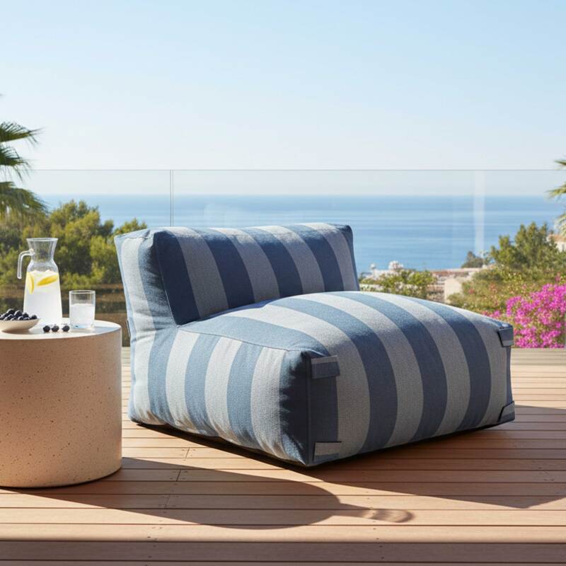 Sofá modular de exterior a rayas para 5 personas con 2 sillones bajo, 1 sillón esquinero, 1 tumbona y 1 puf (6/8)