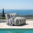 Sofá modular de exterior a rayas para 5 personas con 2 sillones bajo, 1 sillón esquinero, 1 tumbona y 1 puf