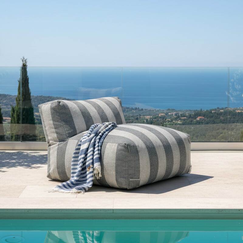 Sofá modular de exterior a rayas para 5 personas con 2 sillones bajo, 1 sillón esquinero, 1 tumbona y 1 puf (5/7)