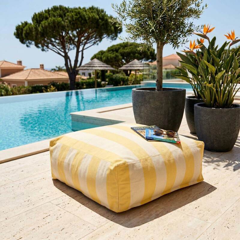 Sofá modular de exterior a rayas para 5 personas con 2 sillones bajo, 1 sillón esquinero, 1 tumbona y 1 puf (6/7)