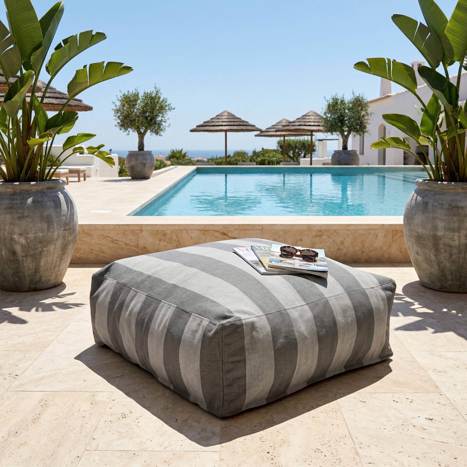 Sofá modular de exterior a rayas para 5 personas con 2 sillones bajo, 1 sillón esquinero, 1 tumbona y 1 puf