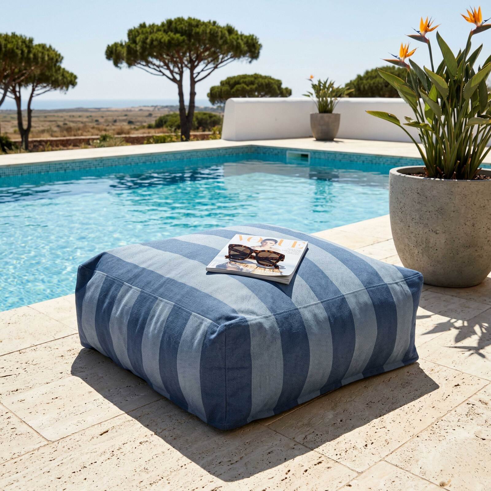 Sofá modular de exterior a rayas para 5 personas con 2 sillones bajo, 1 sillón esquinero, 1 tumbona y 1 puf