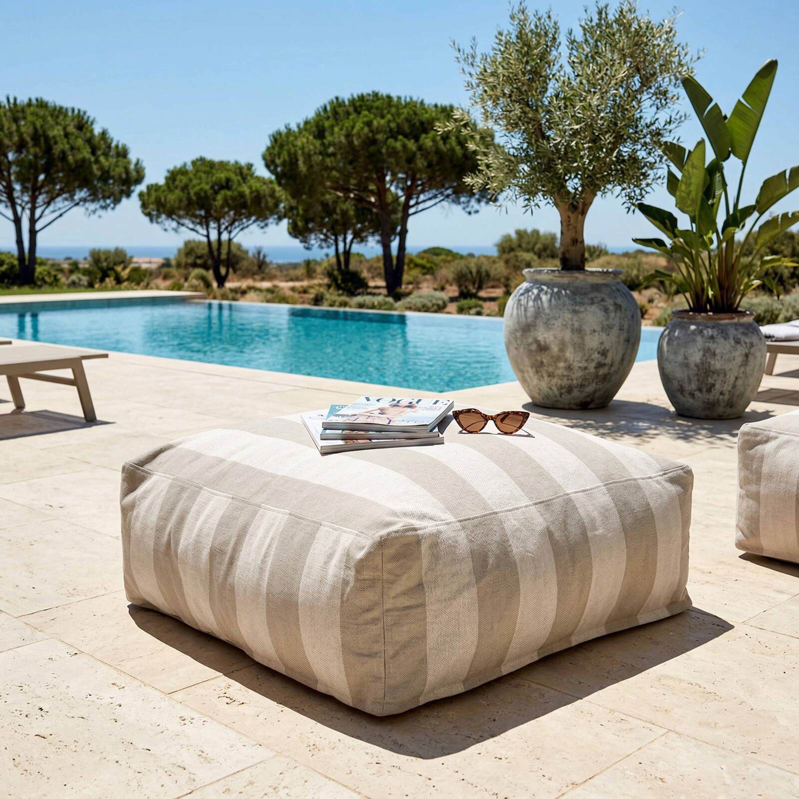 Sofá modular de exterior a rayas para 5 personas con 2 sillones bajo, 1 sillón esquinero, 1 tumbona y 1 puf