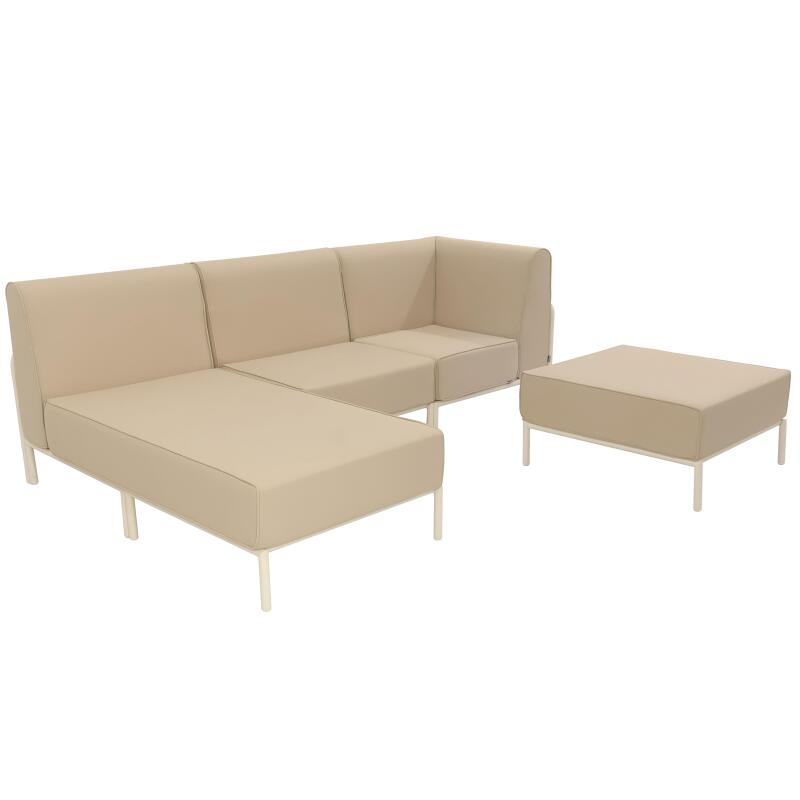 Sofá modular de exterior para 4 personas con 1 sillón, 1 sillón esquinero, 1 chaise longue y 1 puf