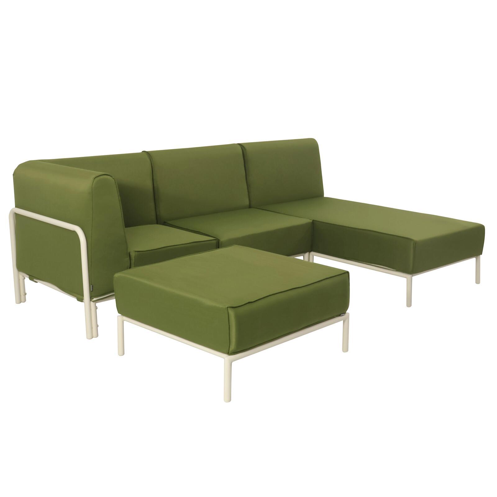 Sofá modular de exterior para 4 personas con 1 sillón, 1 sillón esquinero, 1 chaise longue y 1 puf