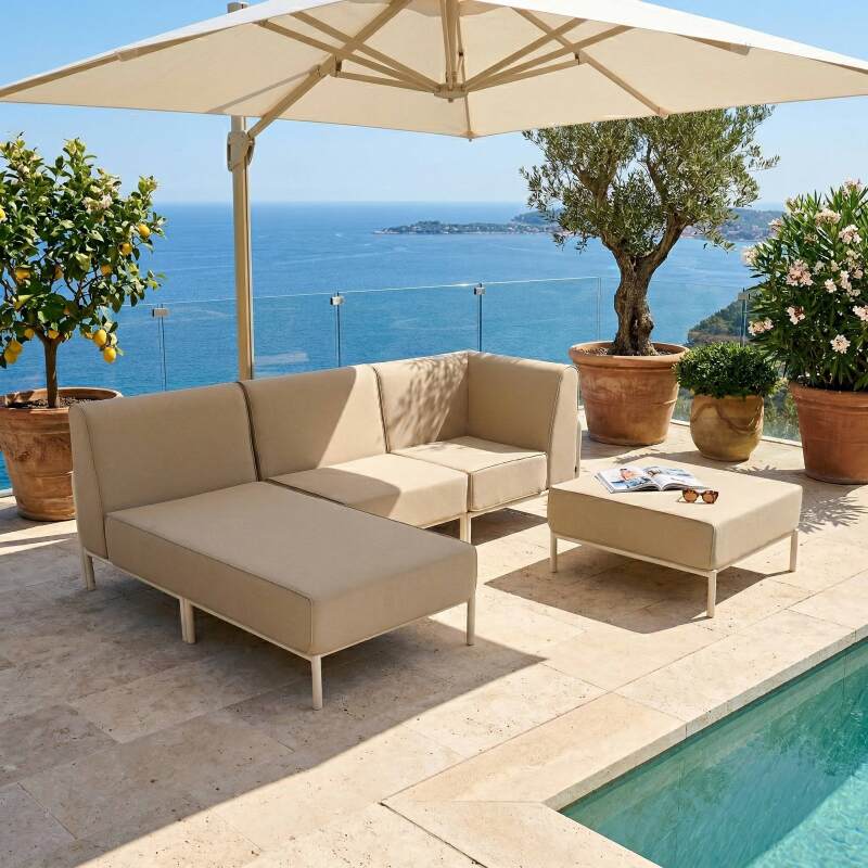 Sofá modular de exterior para 4 personas con 1 sillón, 1 sillón esquinero, 1 chaise longue y 1 puf