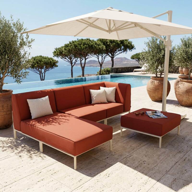 Sofá modular de exterior para 4 personas con 1 sillón, 1 sillón esquinero, 1 chaise longue y 1 puf