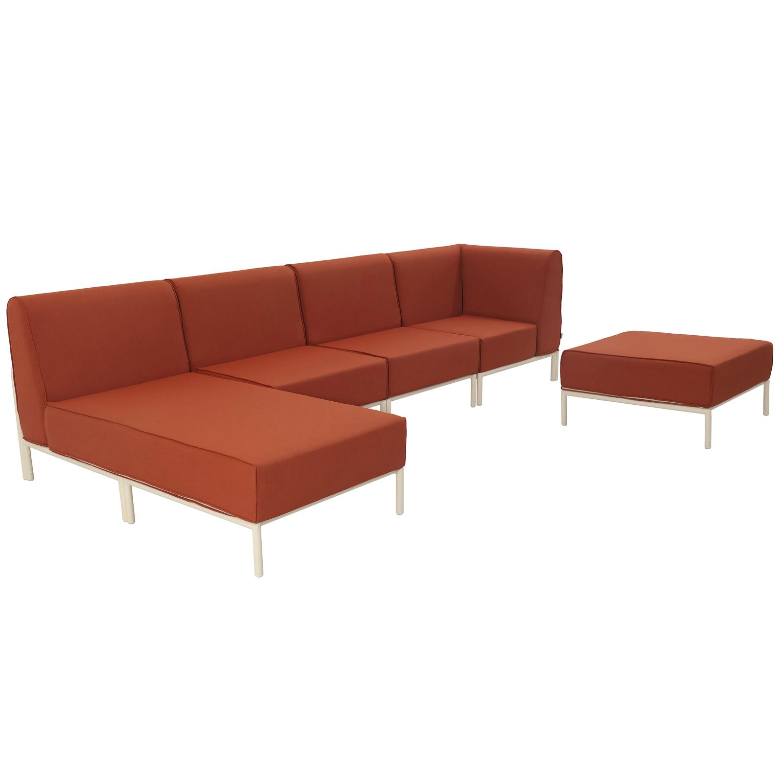 Sofá modular de exterior para 5 personas con 2 sillones, 1 sillón esquinero, 1 chaise longue y 1 puf