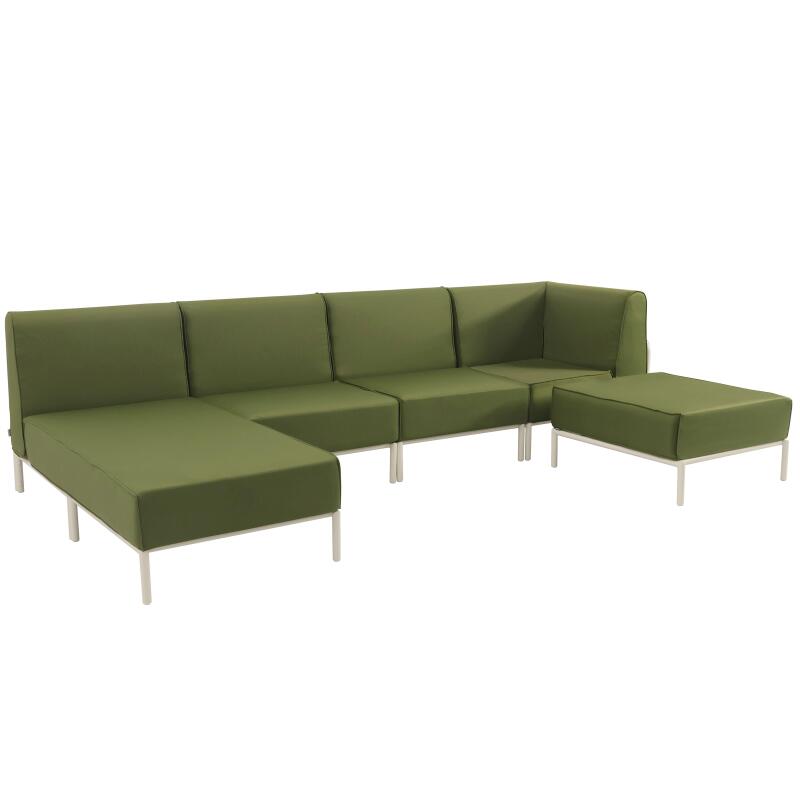 Sofá modular de exterior para 5 personas con 2 sillones, 1 sillón esquinero, 1 chaise longue y 1 puf