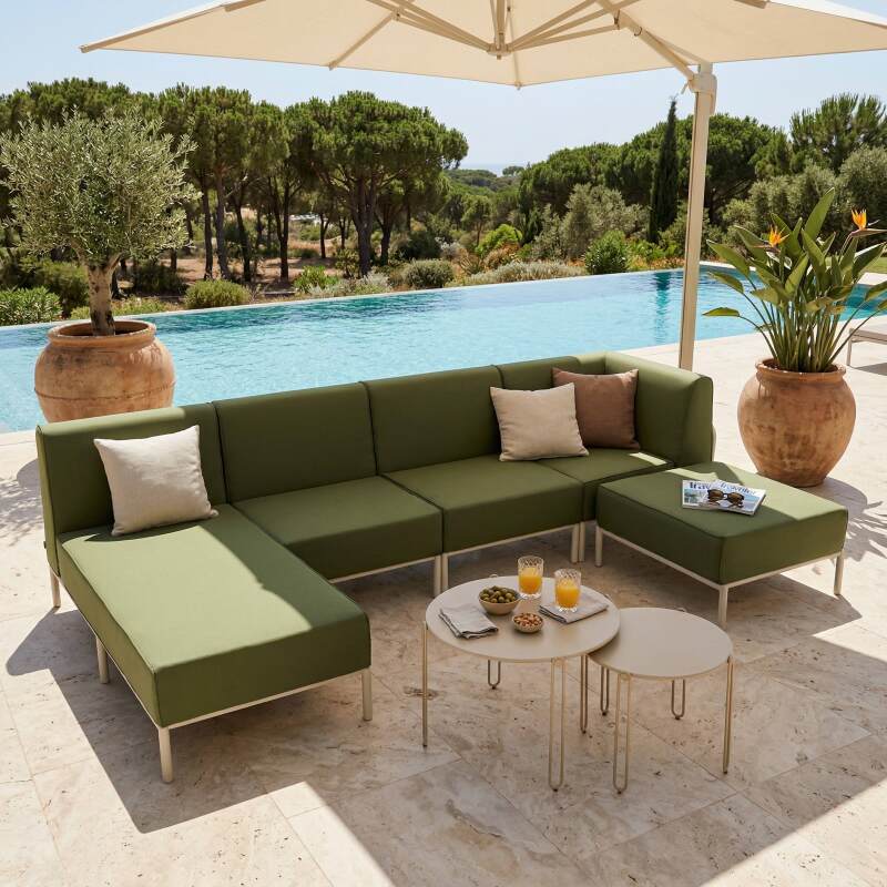 Sofá modular de exterior para 5 personas con 2 sillones, 1 sillón esquinero, 1 chaise longue y 1 puf