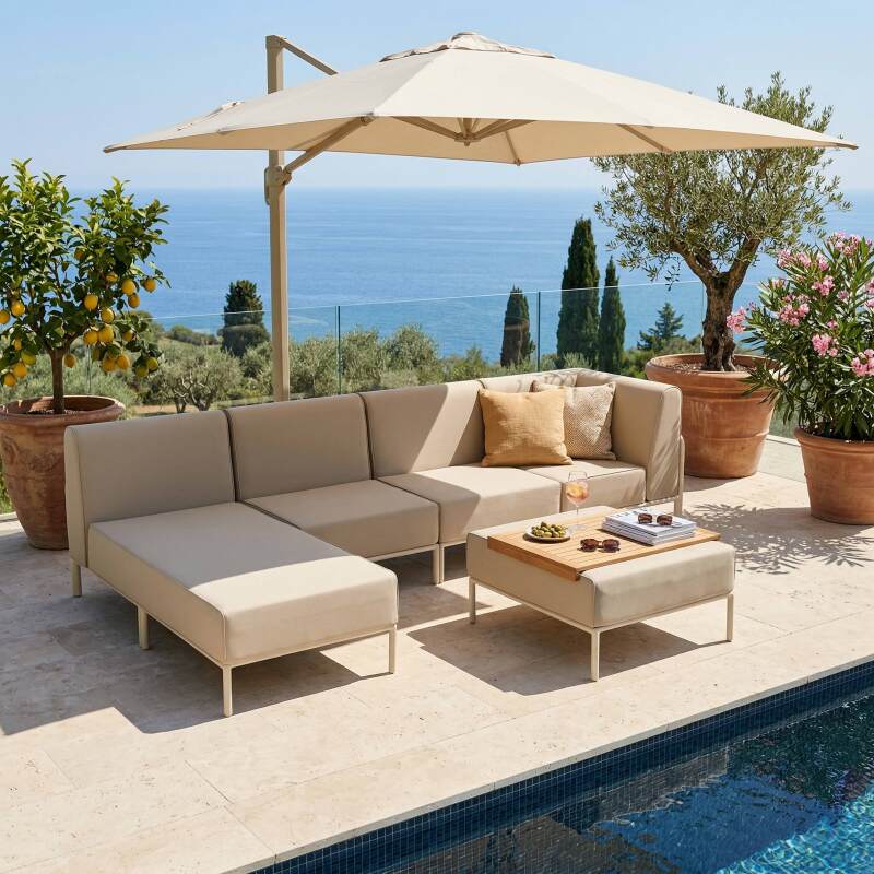 Sofá modular de exterior para 5 personas con 2 sillones, 1 sillón esquinero, 1 chaise longue y 1 puf