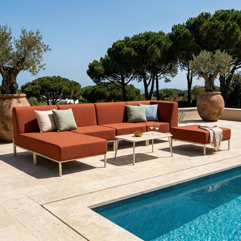 Sofá modular de exterior para 5 personas con 2 sillones, 1 sillón esquinero, 1 chaise longue y 1 puf