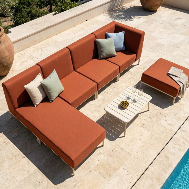 Sofá modular de exterior para 5 personas con 2 sillones, 1 sillón esquinero, 1 chaise longue y 1 puf (3/7)