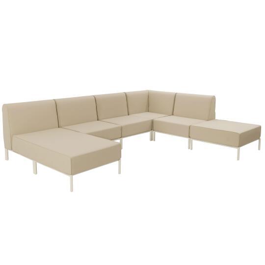 Sofá modular de exterior de aluminio para 6 personas con 3 sillones, 1 sillón esquinero, 1 chaise longue y 1 puf | Oviala