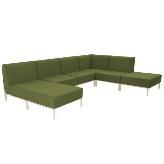 Sofá modular de exterior para 6 personas con 3 sillones, 1 sillón esquinero, 1 chaise longue y 1 puf | Oviala