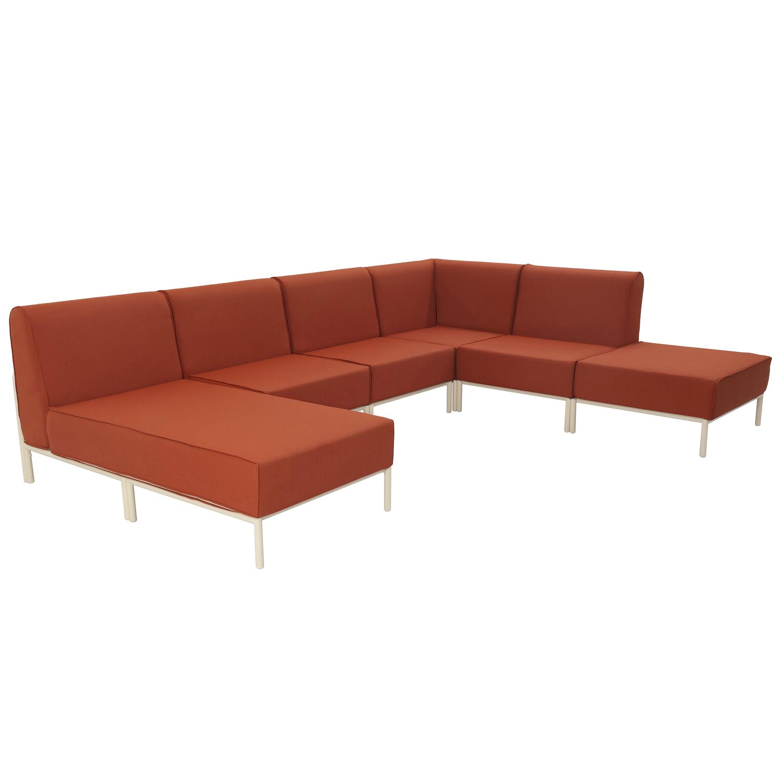 Sofá modular de exterior para 6 personas con 3 sillones, 1 sillón esquinero, 1 chaise longue y 1 puf