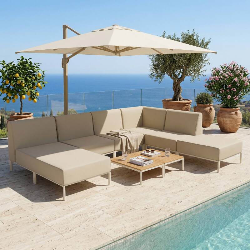 Sofá modular de exterior para 6 personas con 3 sillones, 1 sillón esquinero, 1 chaise longue y 1 puf