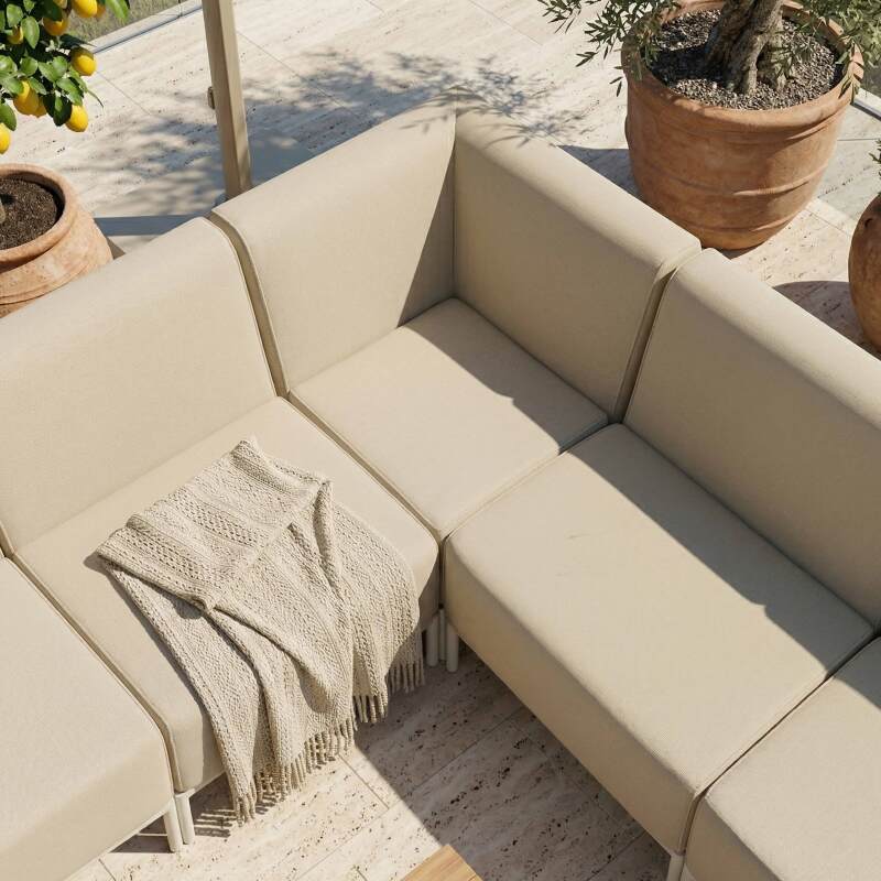 Sofá modular de exterior para 6 personas con 3 sillones, 1 sillón esquinero, 1 chaise longue y 1 puf (2/7)