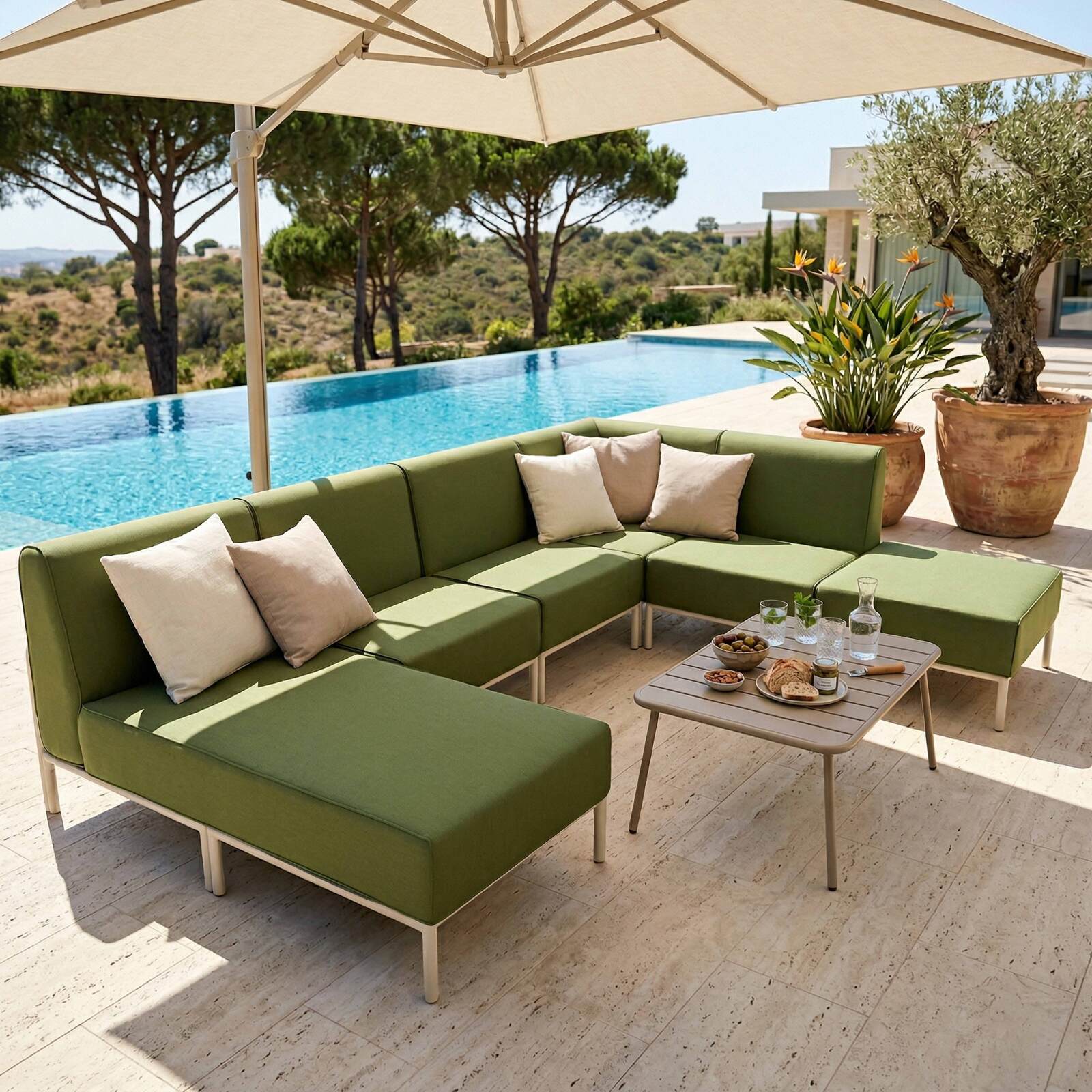 Sofá modular de exterior para 6 personas con 3 sillones, 1 sillón esquinero, 1 chaise longue y 1 puf