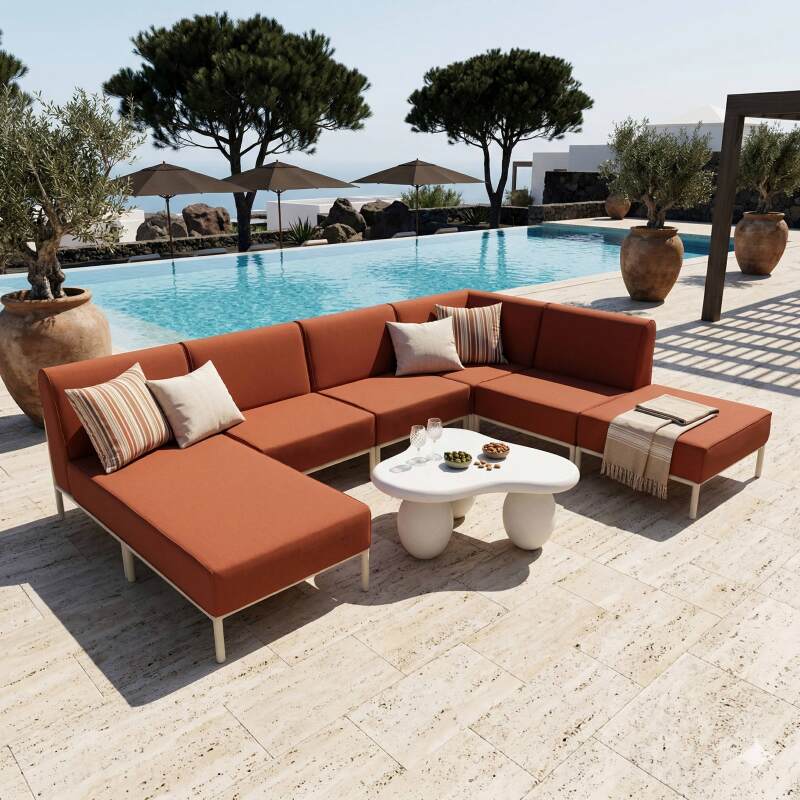 Sofá modular de exterior para 6 personas con 3 sillones, 1 sillón esquinero, 1 chaise longue y 1 puf
