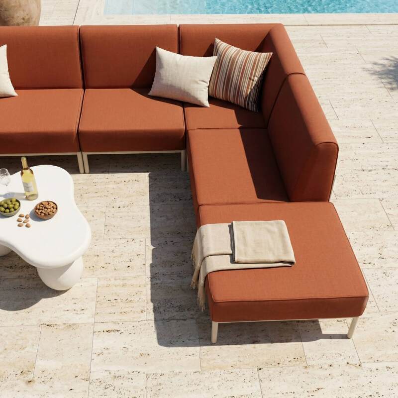 Sofá modular de exterior para 6 personas con 3 sillones, 1 sillón esquinero, 1 chaise longue y 1 puf (2/7)