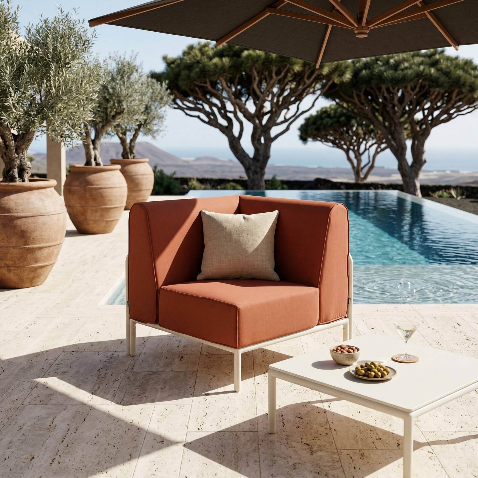 Sofá modular de exterior para 6 personas con 3 sillones, 1 sillón esquinero, 1 chaise longue y 1 puf