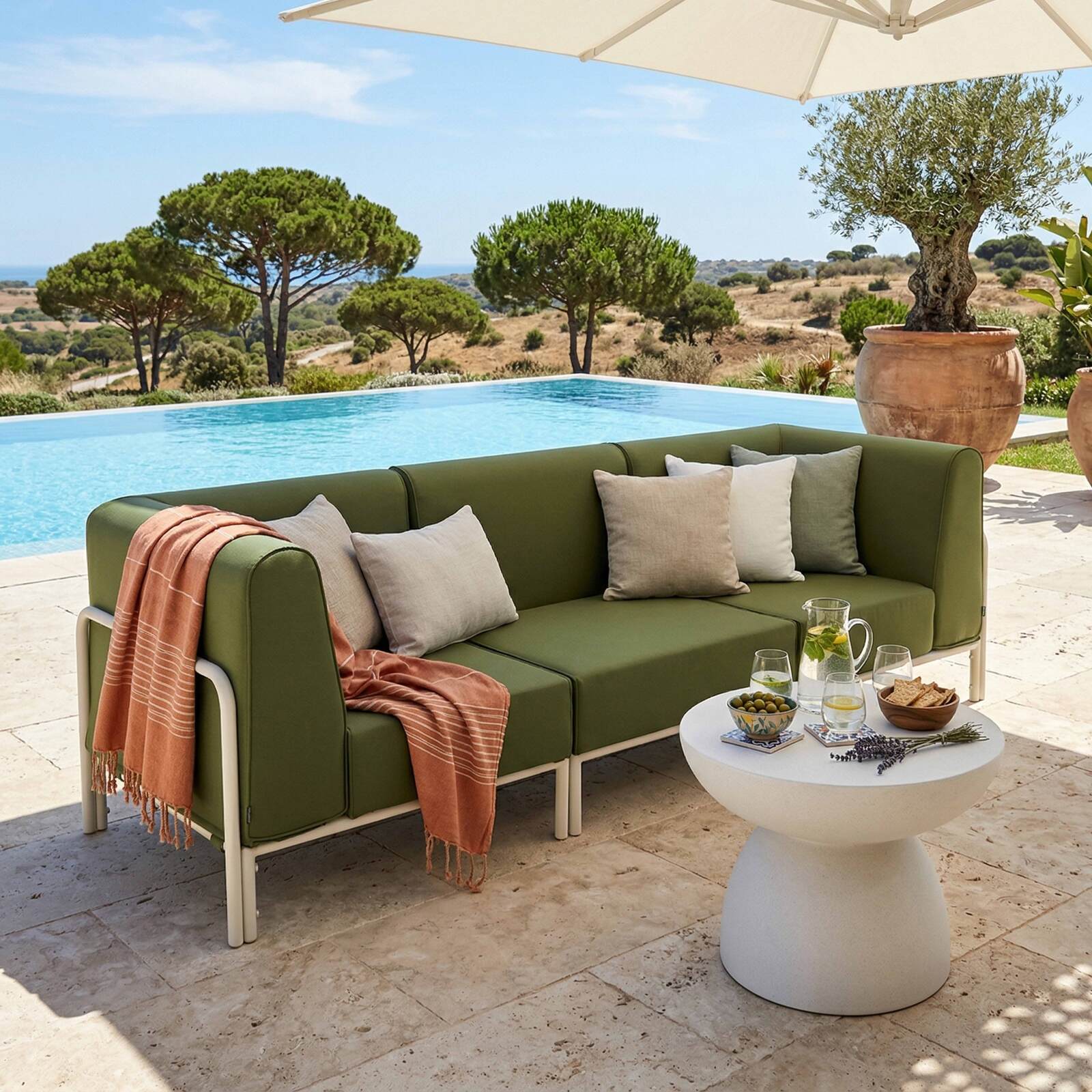 Sofá modular de exterior para 3 personas con 1 sillón y 2 sillones esquineros