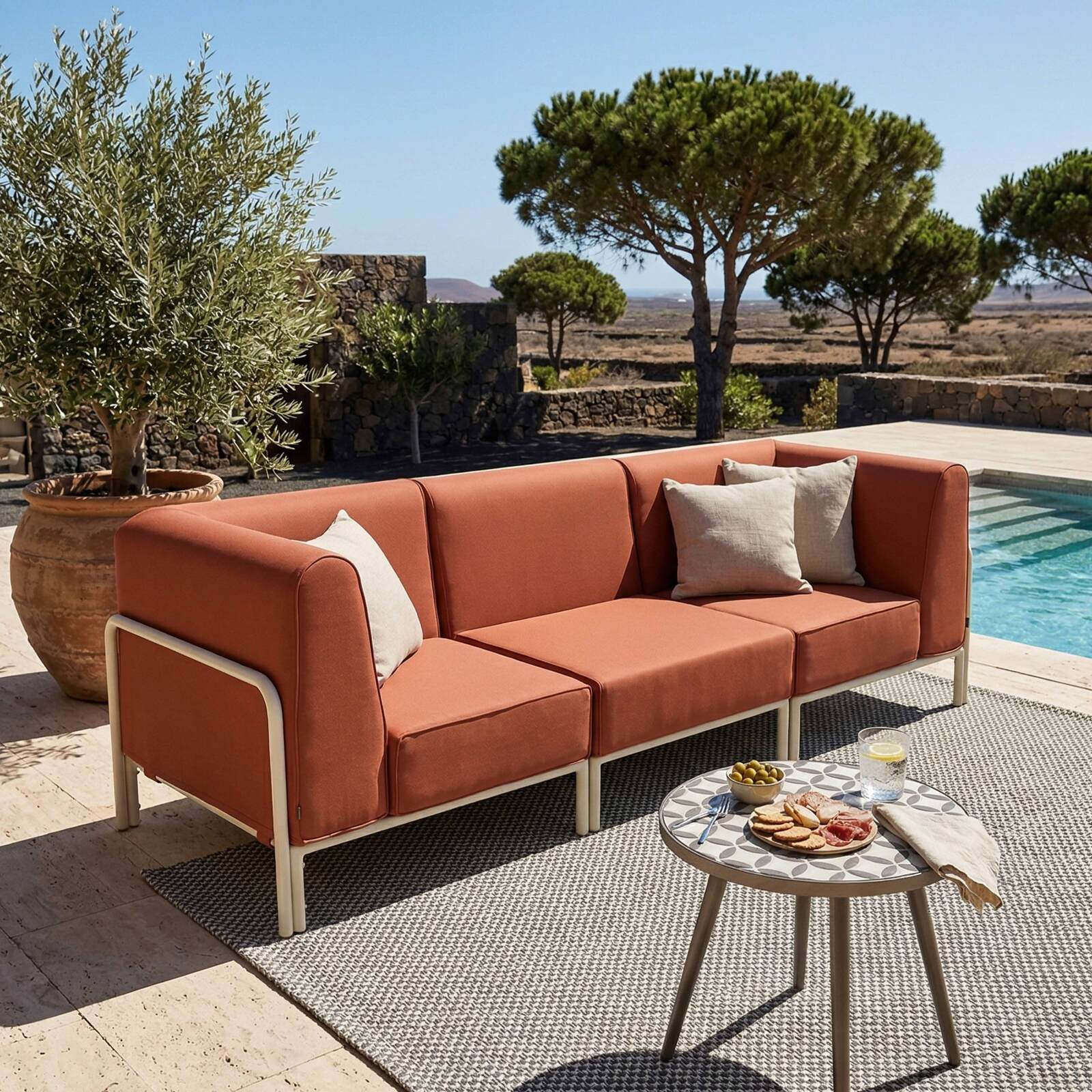 Sofá modular de exterior para 3 personas con 1 sillón y 2 sillones esquineros
