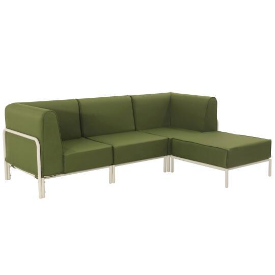 Sofá modular de exterior de aluminio para 4 personas con 1 sillón, 2 sillones esquineros y 1 puf | Oviala