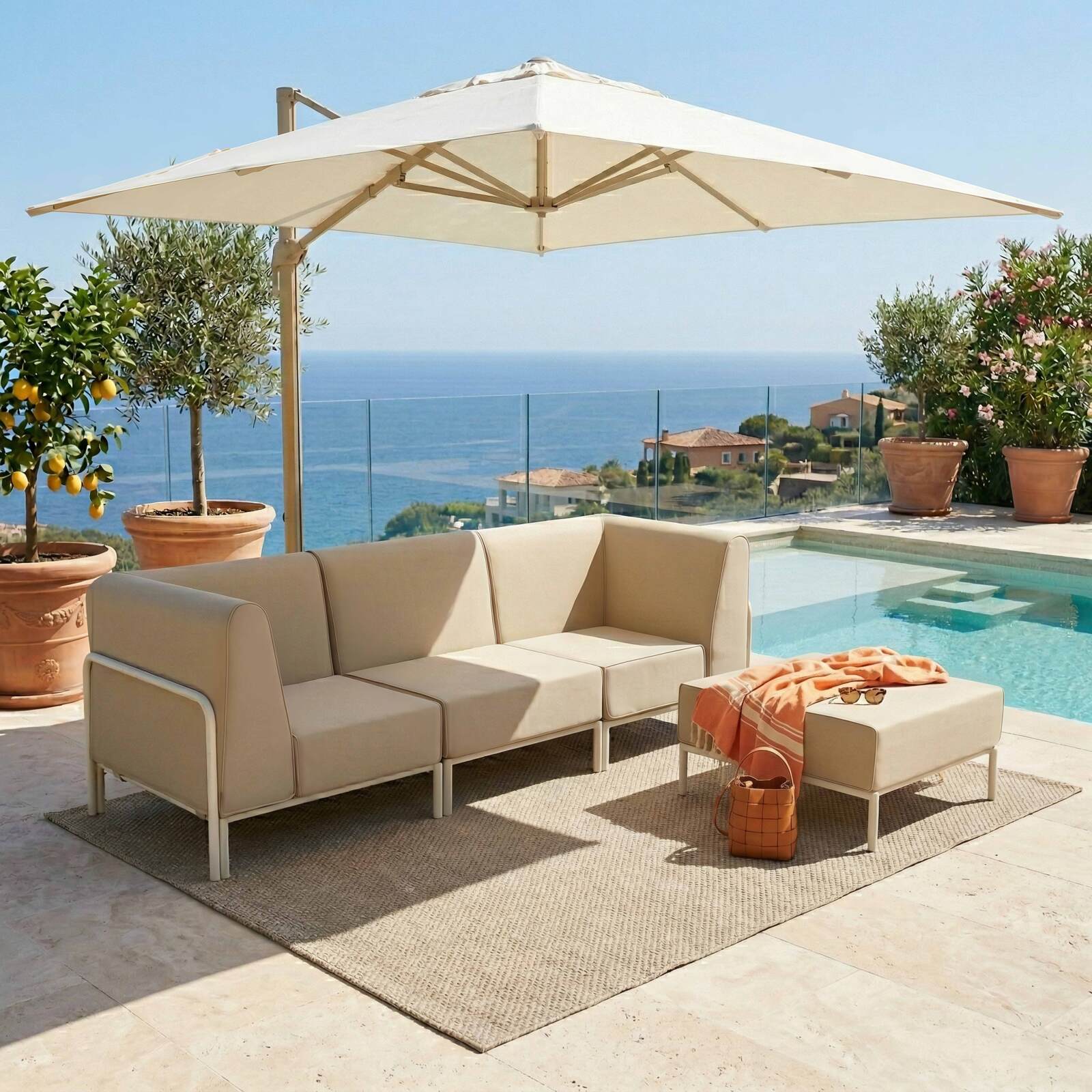 Sofá modular de exterior para 4 personas con 1 sillón, 2 sillones esquineros y 1 puf