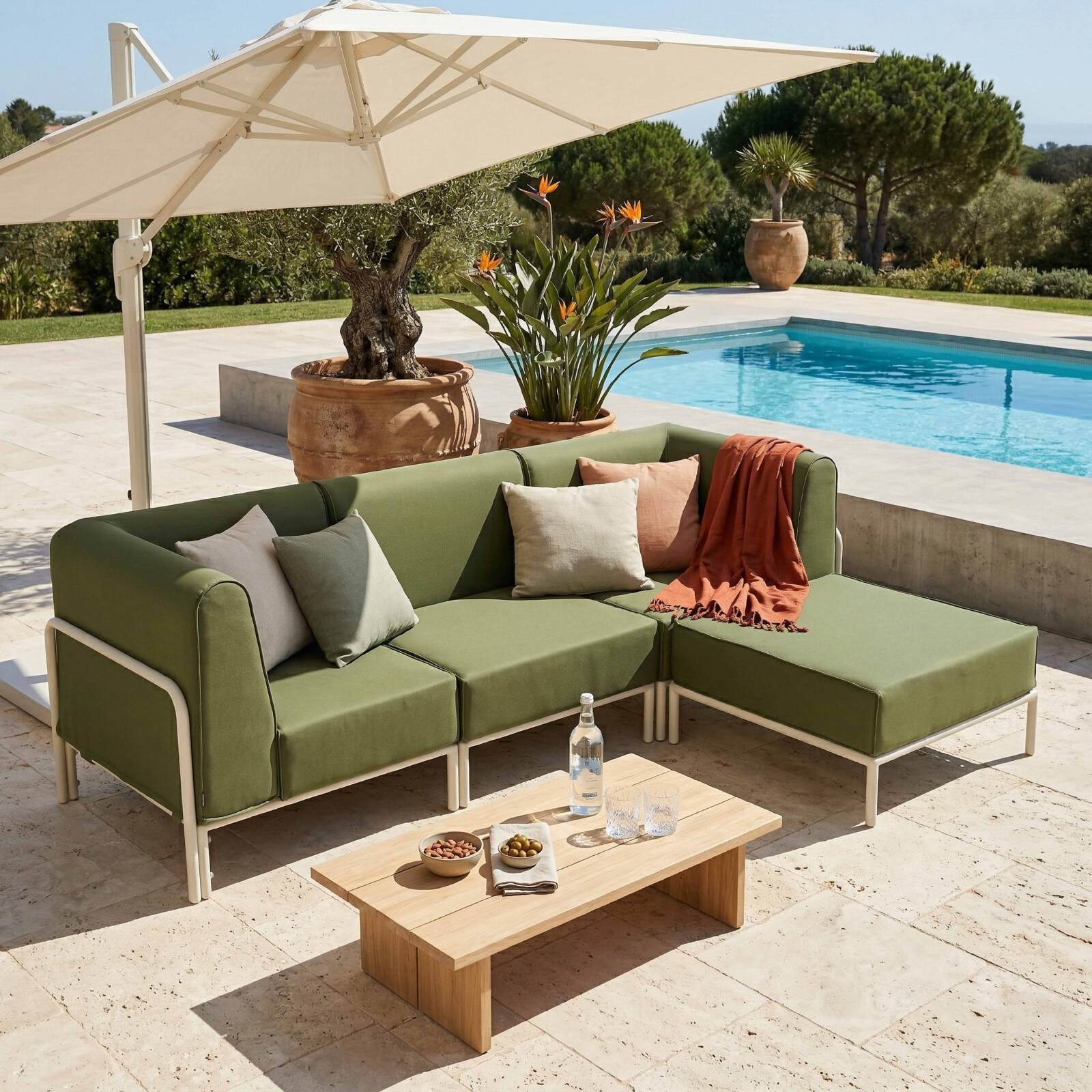 Sofá modular de exterior para 4 personas con 1 sillón, 2 sillones esquineros y 1 puf