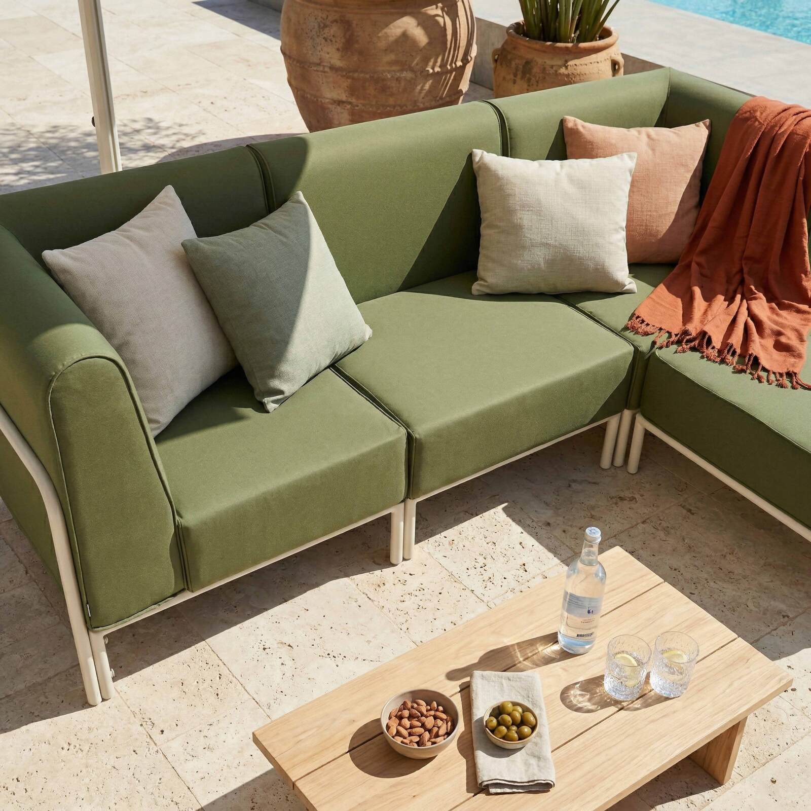 Sofá modular de exterior para 4 personas con 1 sillón, 2 sillones esquineros y 1 puf