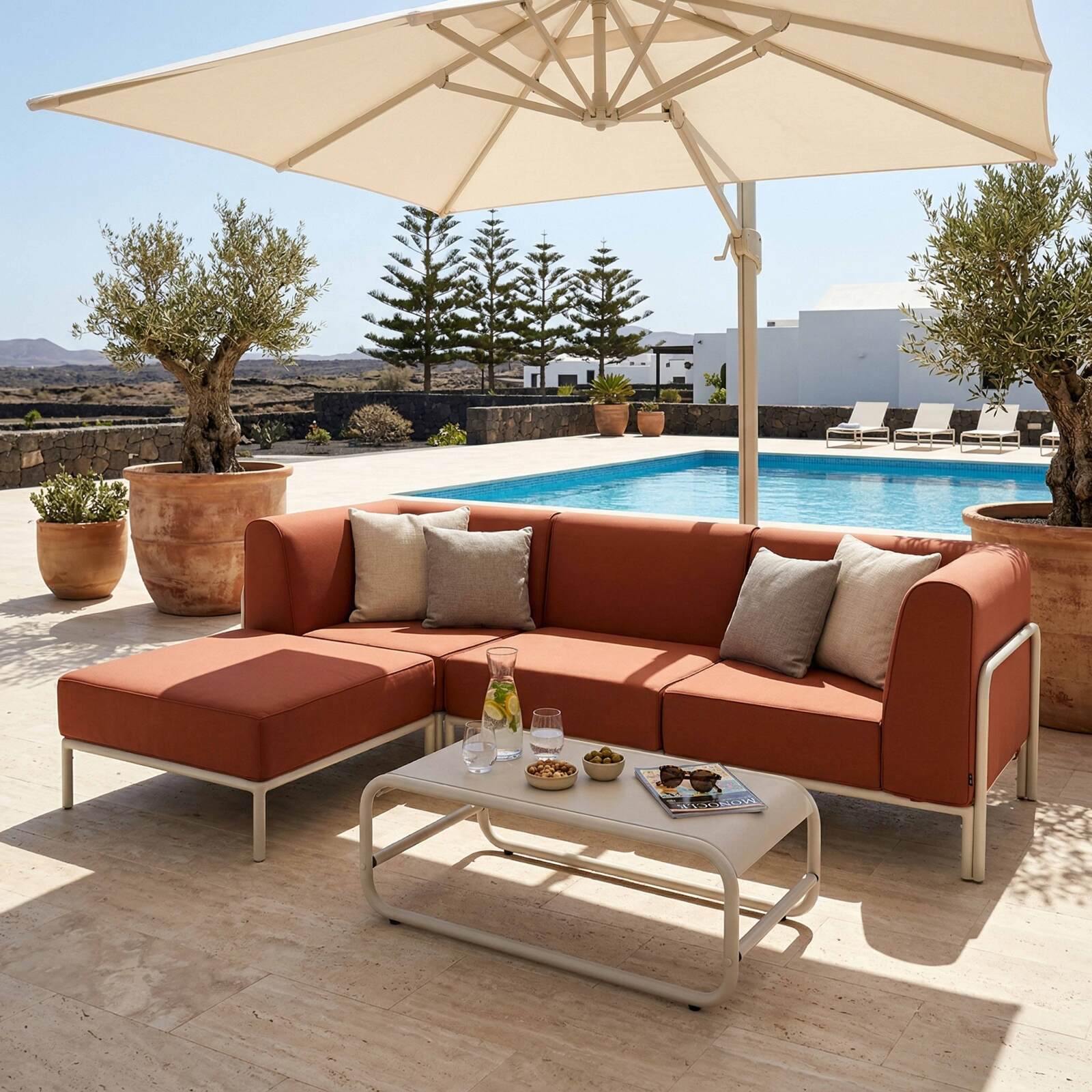 Sofá modular de exterior para 4 personas con 1 sillón, 2 sillones esquineros y 1 puf