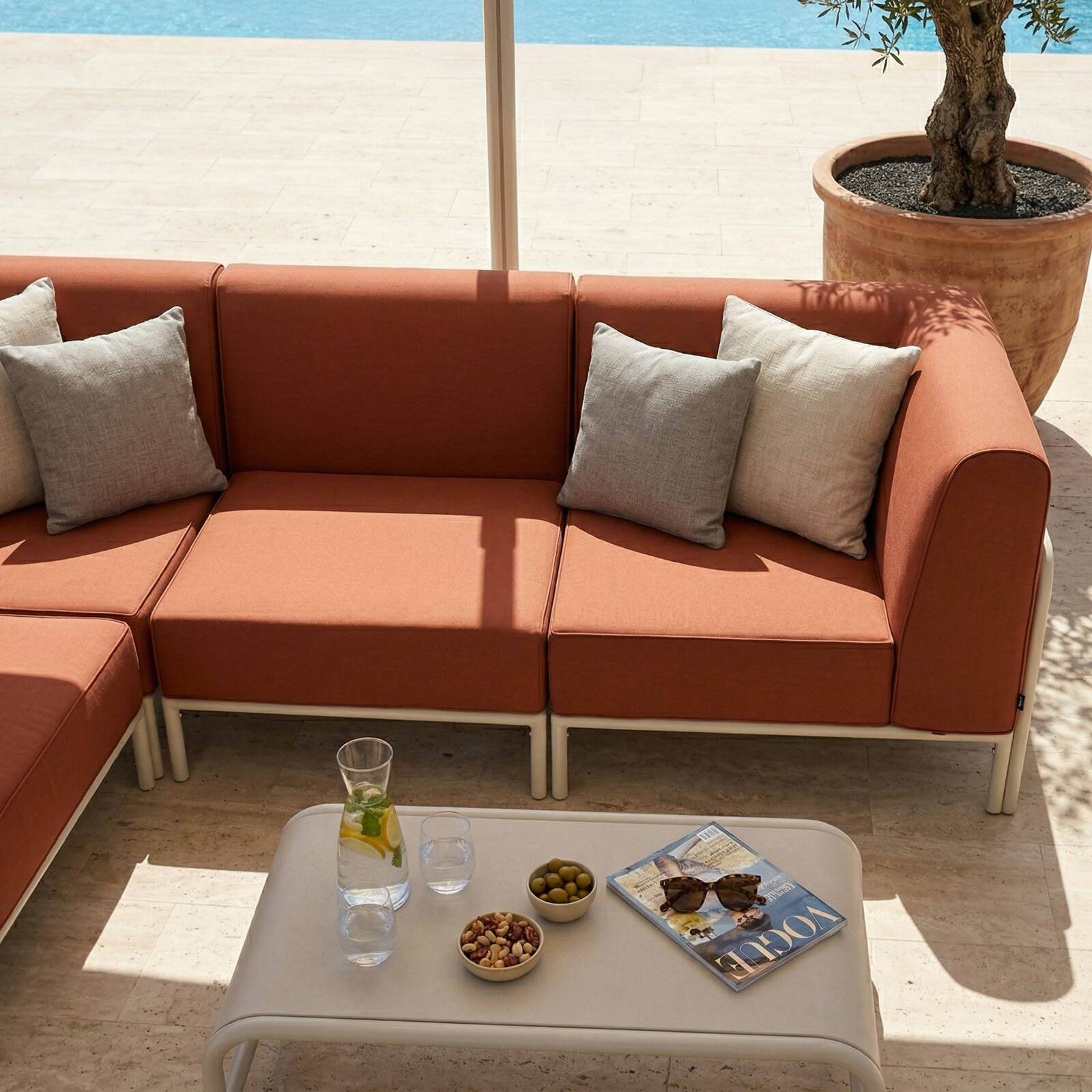 Sofá modular de exterior para 4 personas con 1 sillón, 2 sillones esquineros y 1 puf