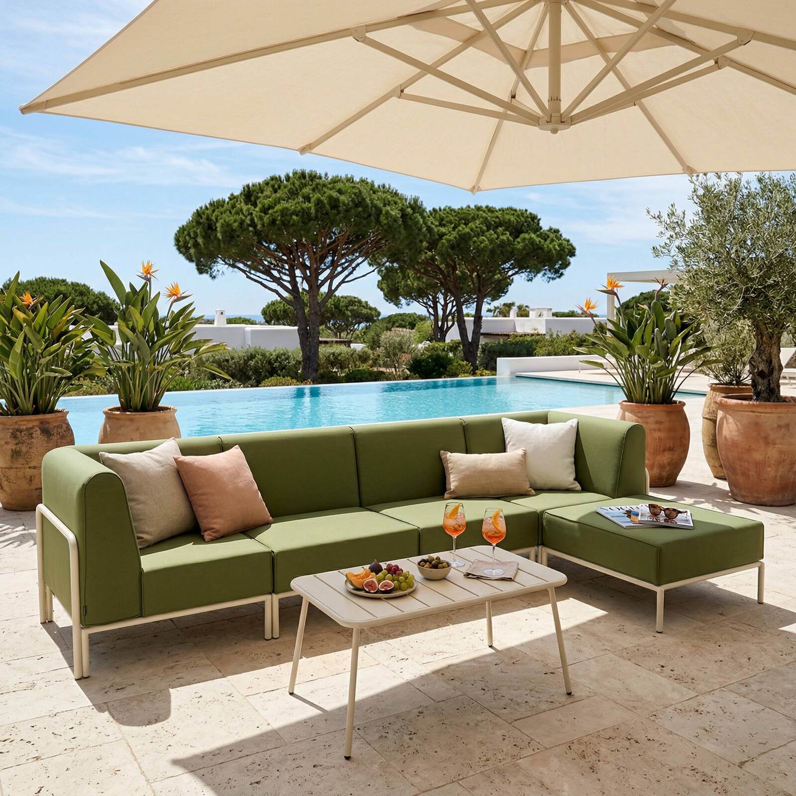 Sofá modular de exterior para 5 personas con 2 sillones, 2 sillones esquineros y 1 puf