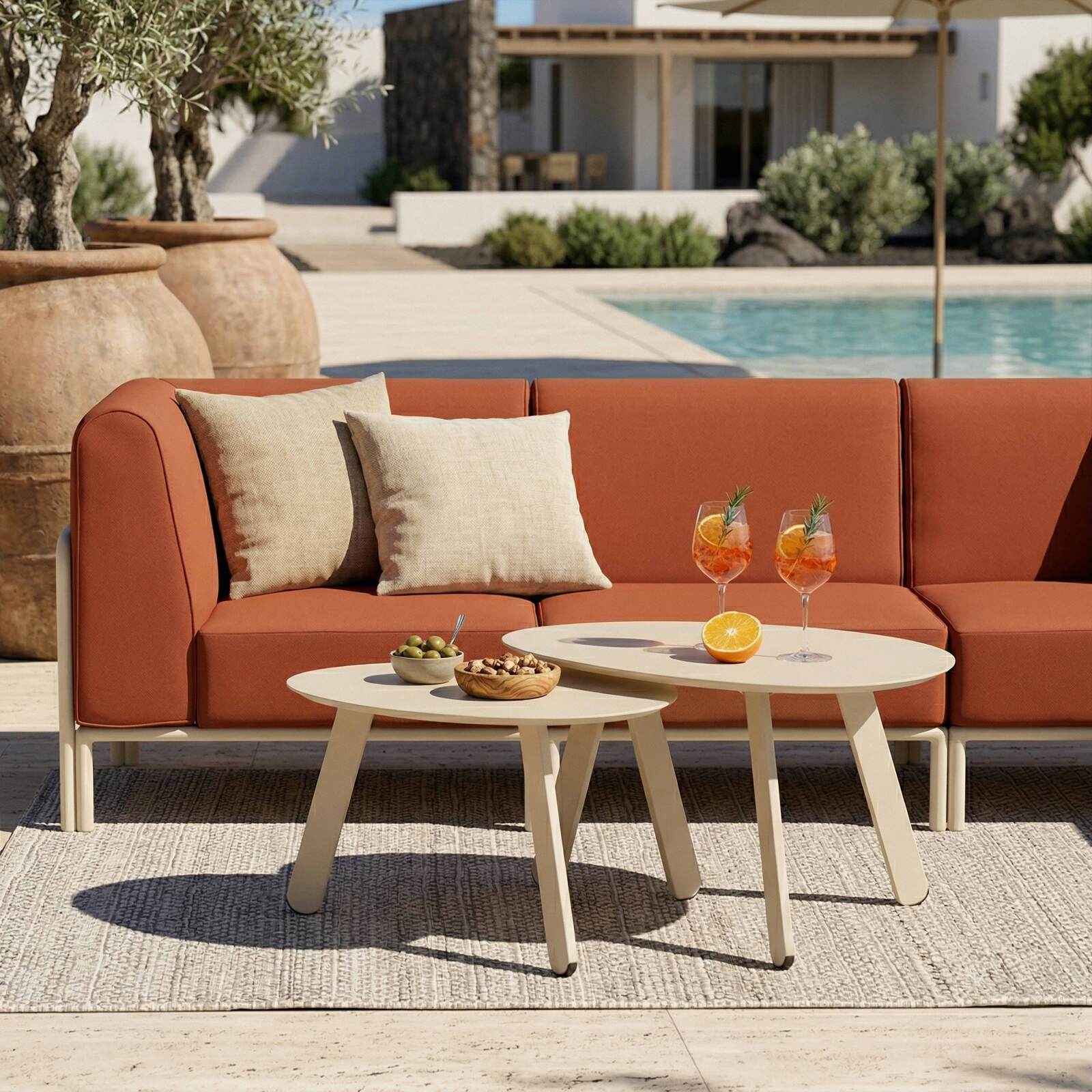 Sofá modular de exterior para 5 personas con 2 sillones, 2 sillones esquineros y 1 puf