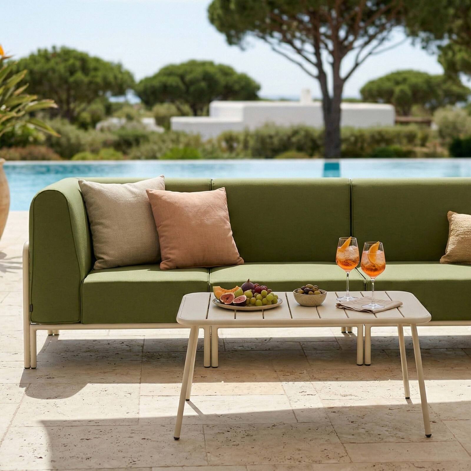 Sofá modular de exterior para 5 personas con 2 sillones, 2 sillones esquineros y 1 puf