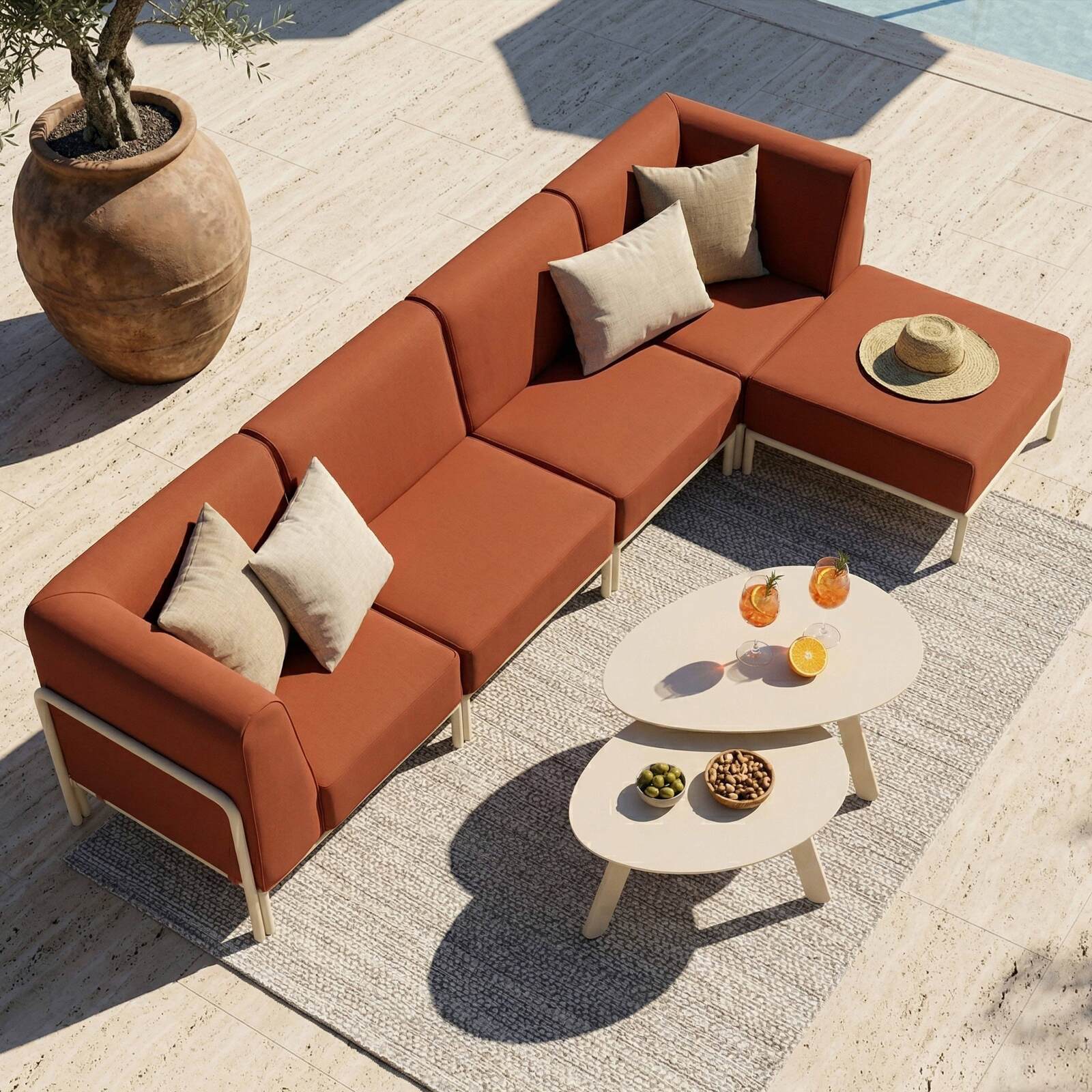 Sofá modular de exterior para 5 personas con 2 sillones, 2 sillones esquineros y 1 puf