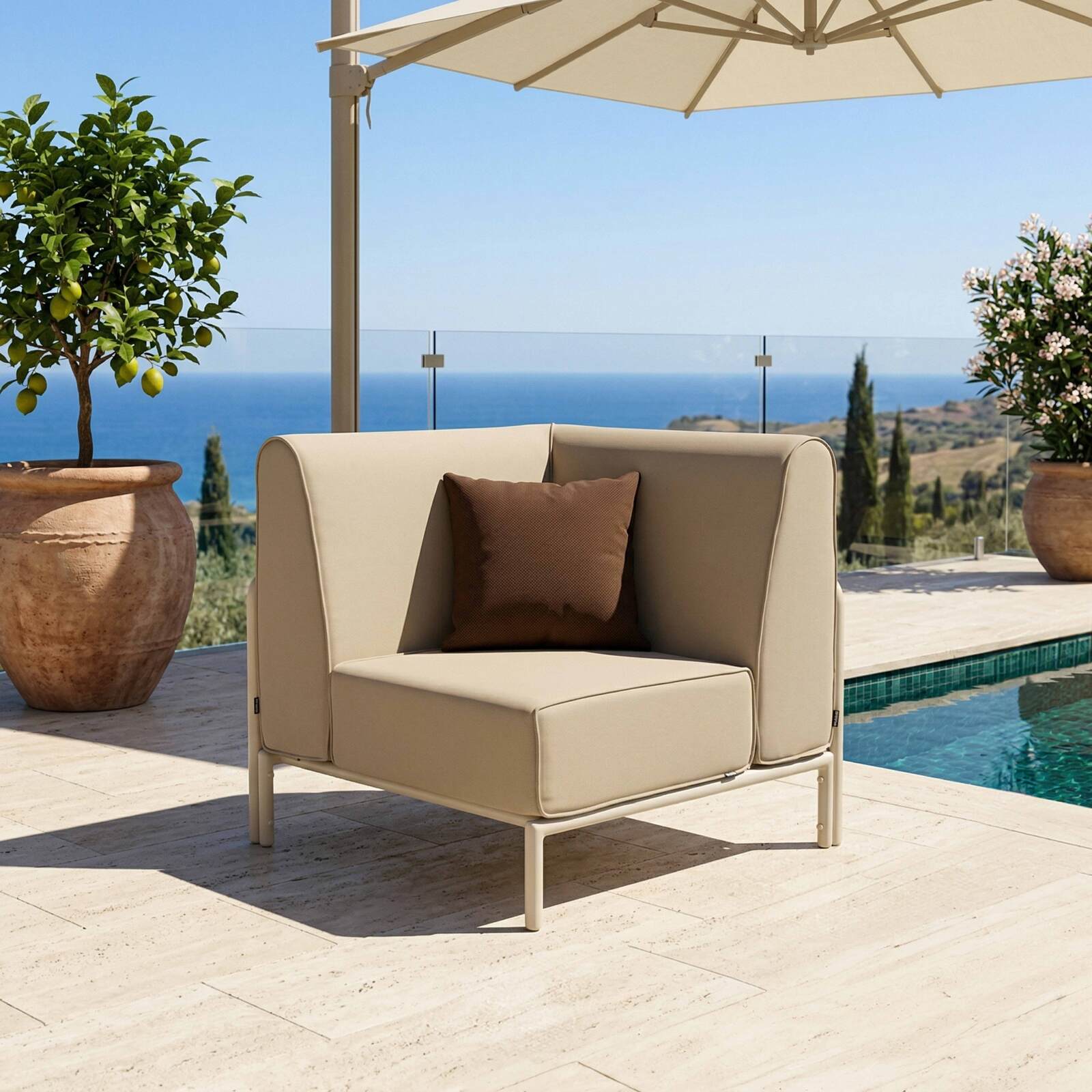 Sofá modular de exterior para 5 personas con 2 sillones, 2 sillones esquineros y 1 puf