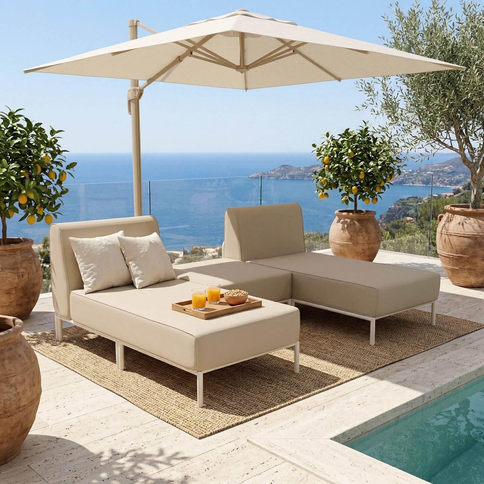 Sofá modular de exterior para 3 personas con 2 chaise longues y 1 puf