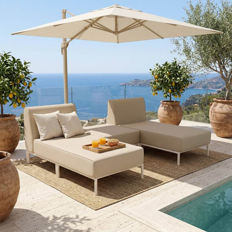 Sofá modular de exterior para 3 personas con 2 chaise longues y 1 puf