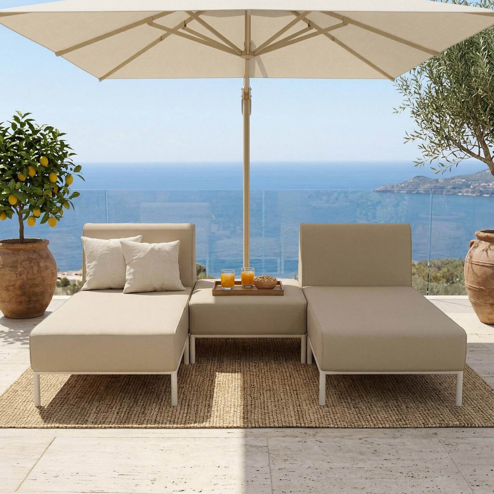 Sofá modular de exterior para 3 personas con 2 chaise longues y 1 puf