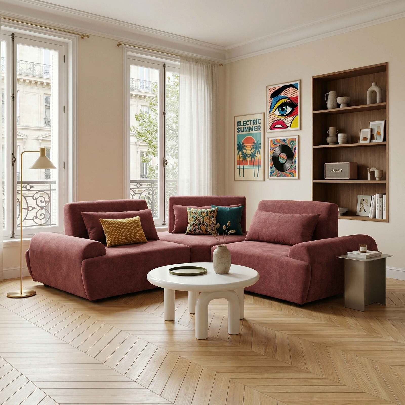 Sofá modular esquinero de 3 plazas de tela con cojines