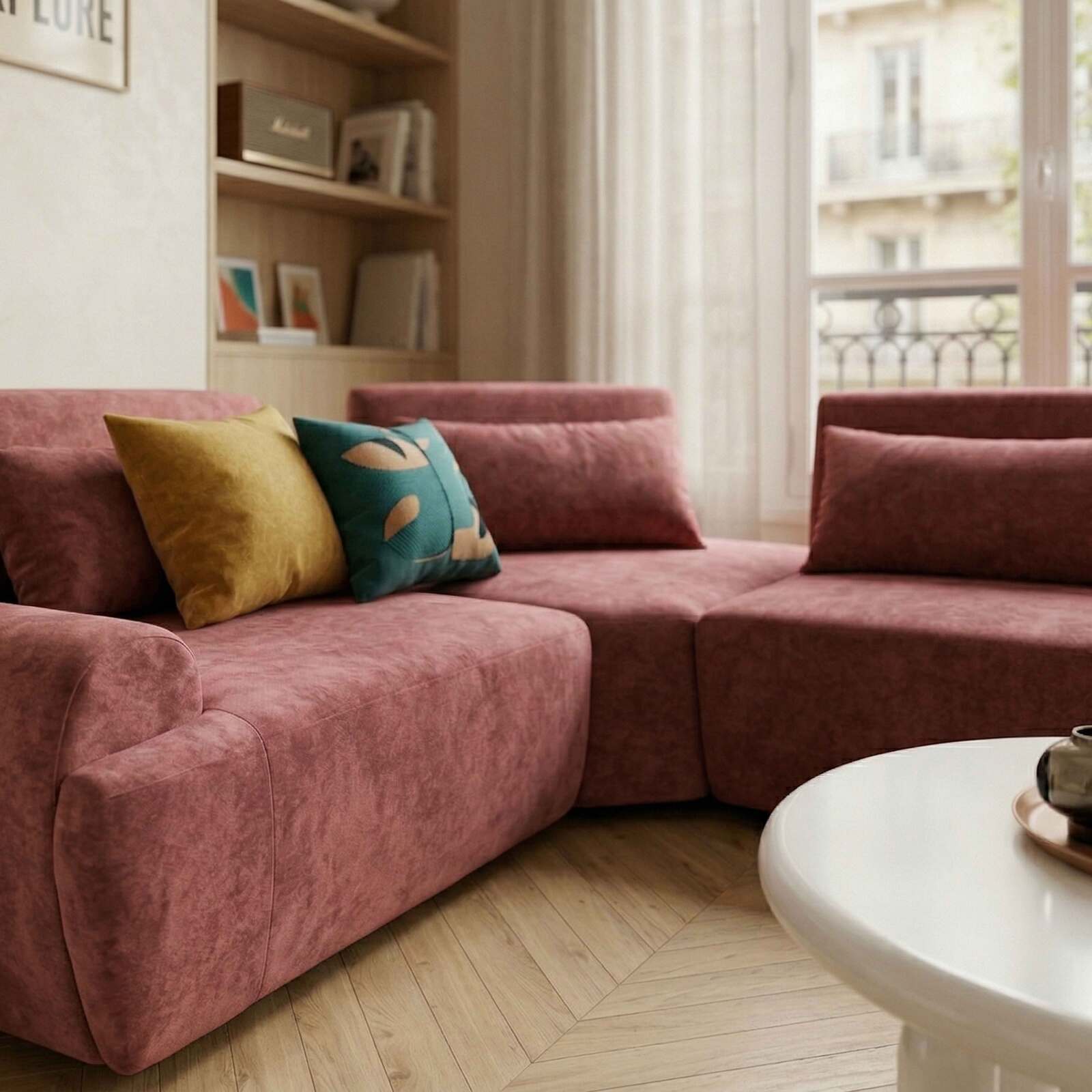 Sofá modular esquinero de 3 plazas de tela con cojines