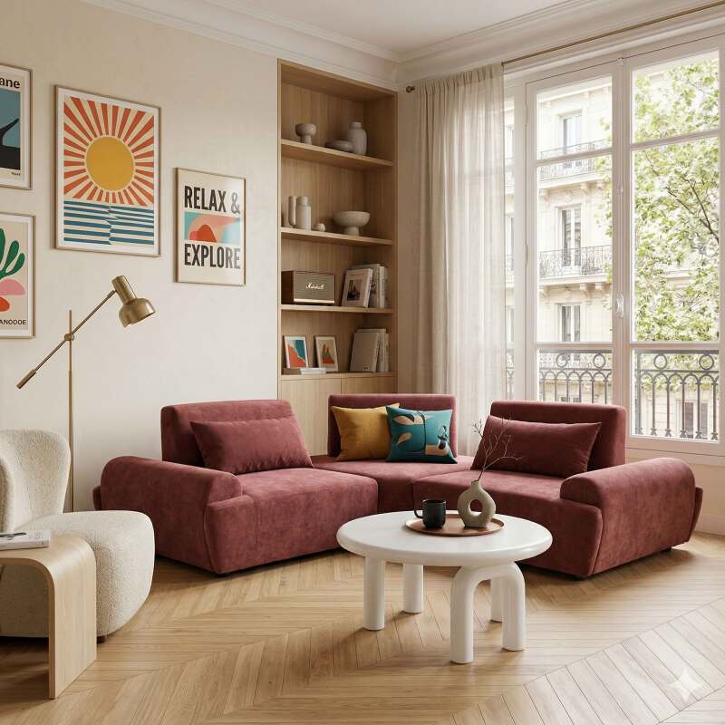 Sofá modular esquinero de 3 plazas de tela con cojines