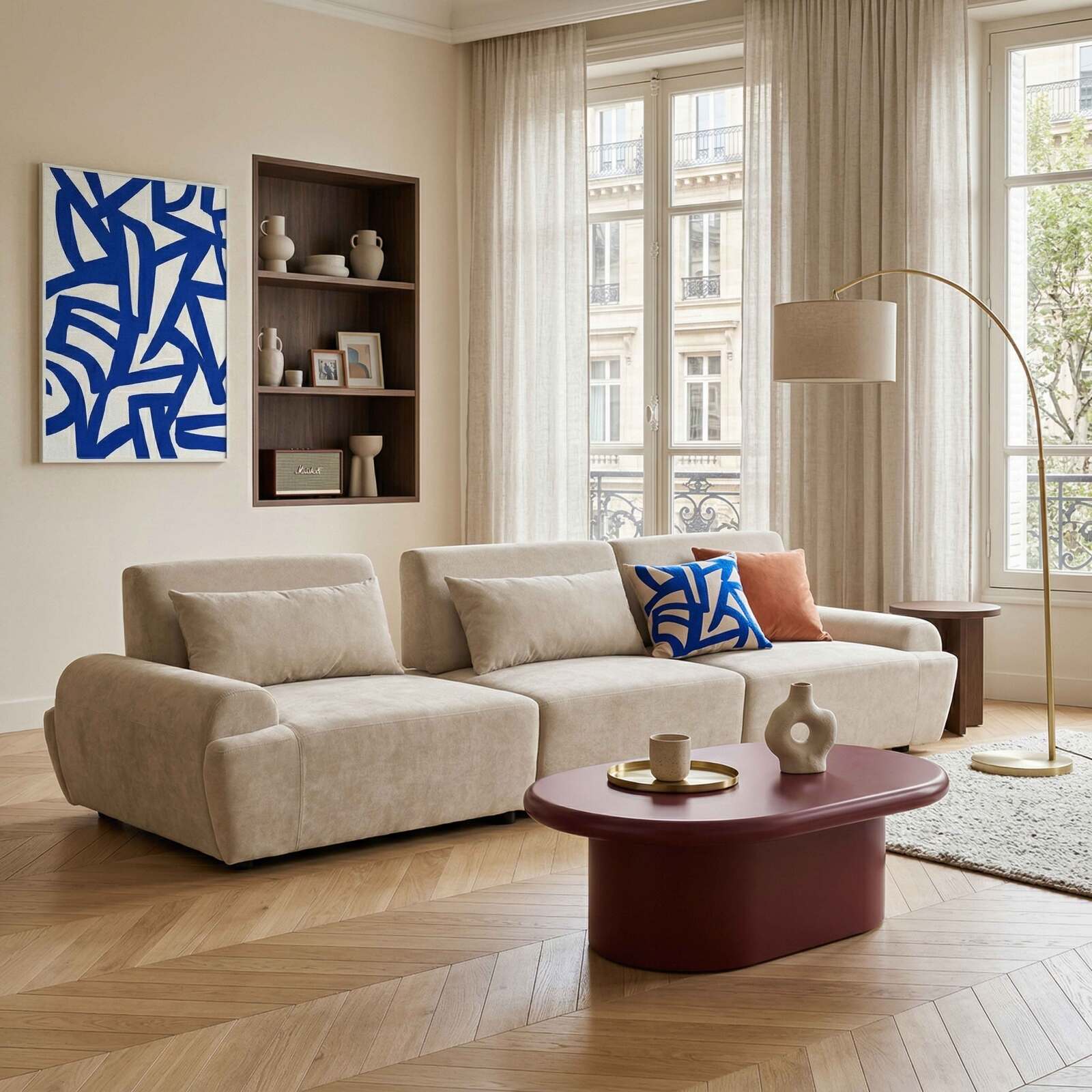 Sofá modular de 3 plazas de tela con cojines