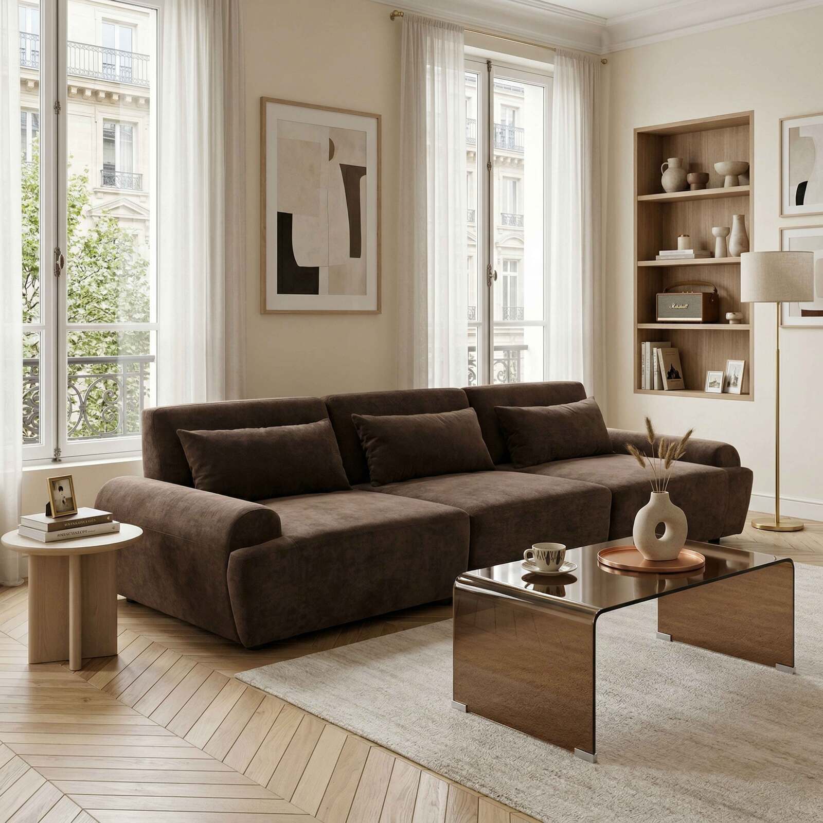Sofá modular de 3 plazas de tela con cojines